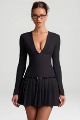 Long-Sleeve Pleated Mini Dress in Black