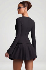 Long-Sleeve Pleated Mini Dress in Black