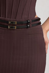 Pinstripe Low-Rise Maxi Skirt in Chocolate Brown