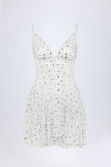 Embellished Ruffled Tiered Mini Dress in White