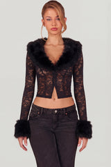 Sheer Lace Faux-Fur-Trim Cardigan in Black