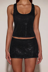 Embellished Jersey Scoop-Neck Racerback Top in Black