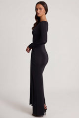 Soft Jersey Boat-Neck Tie-Gather Maxi Dress in Black