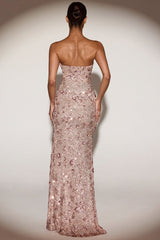 Embellished Bandeau-Neck Strapless Gown in Rose Gold