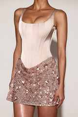 Satin Corset Embellished Skirt Mini Dress in Rose Gold