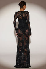Sheer Embellished Bodysuit Corset Gown Dress in Black