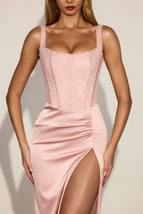 Lace Soft-Scoop Corset Satin Midaxi Dress in Pink
