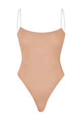 Soft Mesh Invisible Strap Thong Bodysuit in Warm Peach