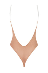 Soft Mesh Invisible Strap Thong Bodysuit in Warm Peach