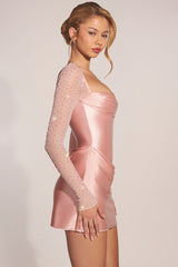 Long-Sleeve Draped Mini Dress in Blush Pink