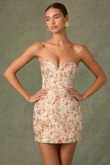 Embellished Strapless A-Line Mini Dress in Floral Beige