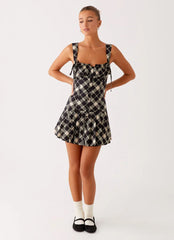 Tuni Cotton Mini Dress - Taupe Check