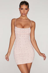 Embellished Cowl Neck Mini Dress in Blush