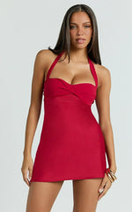 Flynn Mini Dress - Satin Halter Sweetheart Neck Dress in Wine