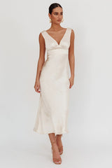 Leila V-Neck Low Back Satin Midi Dress Ivory