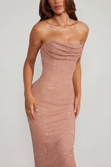 Embellished Bandeau Cowl Neck Maxi Dress in Beige