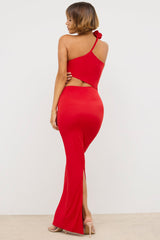 Premium Jersey Asymmetric Cut Out Maxi Dress in Scarlet Red