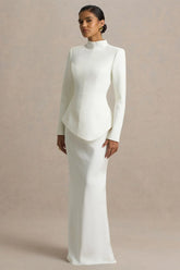 Pepita | Cream High-Neck Tailored Maxi Dress With Drop-Waist And Satin Skirt
