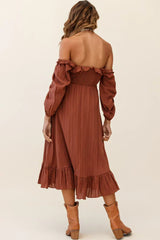 Flynn Off-Shoulder Shirred Bust Midi Dress Tan