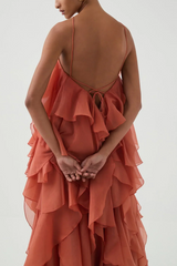 Caysie Halter Floral Ruffle Layered Maxi Dress - Orange