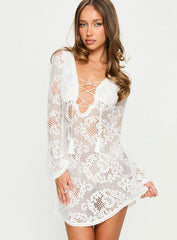 Gold Dust Crochet Tie-Up Mini Dress Cream