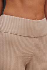 Soft Rib High Waist Fold Over Trousers in Beige Sand
