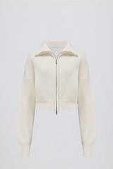 Ribbed Knit Zip-Up Cropped Sweatshirt in Ivory
