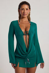 Bead-Embellished Cowl-Neck Sheer Mini Dress in Jade Green
