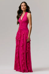 Bea | Hot Pink Plunge-Neck Ruffled Maxi Dress