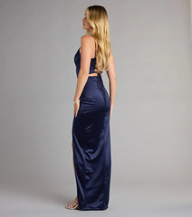 Janice Satin Lace-Up Wrap Slit Formal Dress