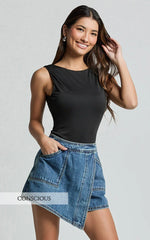 Harleigh Skort - Pocket Detail Wrap Denim Skort in Dark Blue Wash