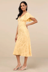 Effervescent Afternoon Yellow Satin Flutter Sleeve Midi Dress