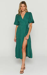 Junmae Midi Dress - Tiered Waffle Wrap Dress in Forest Green