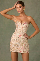 Embellished Strapless A-Line Mini Dress in Floral Beige