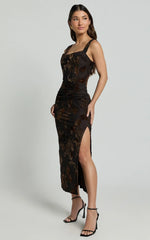 Karlene Midi Dress - Ruched Corset Burnout Dress in Black and Brown