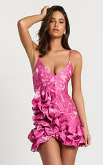Arlette Mini Dress - Plunge Ruffle Detail Jacquard Dress in Pink