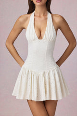Modal Broderie Anglaise Halterneck Mini Dress in White