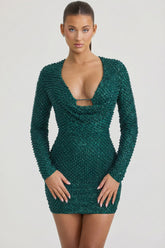 Embellished Cowl-Neck Mini Dress in Teal Green