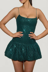Embellished Bubble Hem Mini Dress in Teal Green