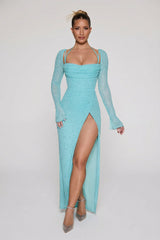 Embellished Cowl Neck Maxi Dress in Aqua