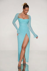 Embellished Cowl Neck Maxi Dress in Aqua