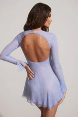 Embellished Long Sleeve Backless Mini Dress in Blue