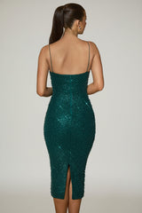 Embellished Sweetheart-Neck Midi Dress in Teal Green
