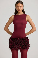 Satin Floral Appliqué Open-Back Mini Dress in Wine Red