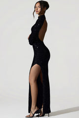 Embellished Open-Back Gown in Black