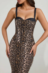 Layered Bra-Detail Fishtail Midaxi Dress in Leopard Print