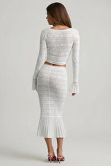 Ruffle-Trim Pointelle-Knit Midaxi Skirt in White