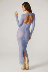 Embellished Long Sleeve Maxi Dress in Blue