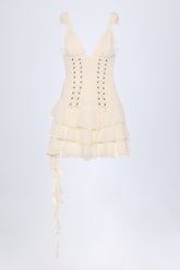 Lace-Up Ruffled Tiered Mini Dress in Ivory