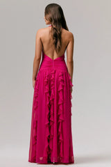 Bea | Hot Pink Plunge-Neck Ruffled Maxi Dress
